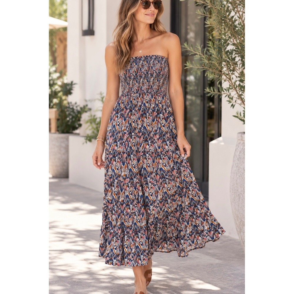 Evereve Blue Orange Ikat Smocked Strapless Maxi Dress XS Boho Tiered Summer
